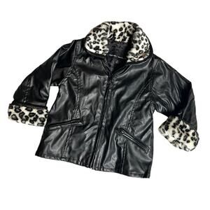 Renee Raquel Black Faux Leather Jacket with Leopard Fur Collar & Cuffs 3T